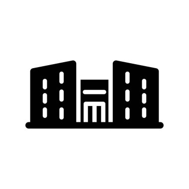 Hastane glyph ikon vektörü oluşturuyor. Tıbbi yapı tabelası. izole edilmiş çizgi simgesi siyah illüstrasyon