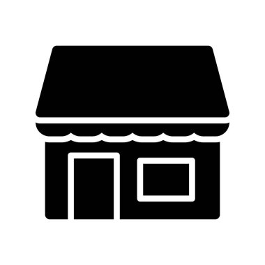 Dükkan ikonu vektörü. Beyaz arkaplandaki düz siyah işaret izole edildi