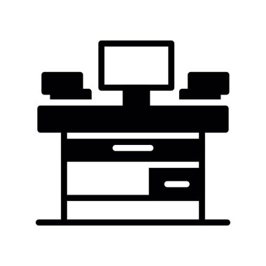 Laptop ikonlu masa. Ofis masa vektör simgesinin basit tasarımı. özet ve sembol.