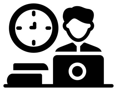 Dizüstü bilgisayarı ve saati olan bir yönetici. Dizüstü bilgisayarla çalışan bir iş adamının vektör çizimi.