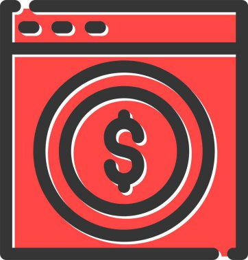 Para makinesi simgesi. vektör simgesi çift renkli düz sembollerdir, yuvarlak ikonik sembol, yoğun kırmızı ve siyah renkler, beyaz arkaplan.