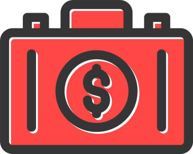 Para çantası vektör simgesi. biçim iki renkli düz sembol, yoğun kırmızı ve siyah renkler, yuvarlak açılar, beyaz arkaplan.