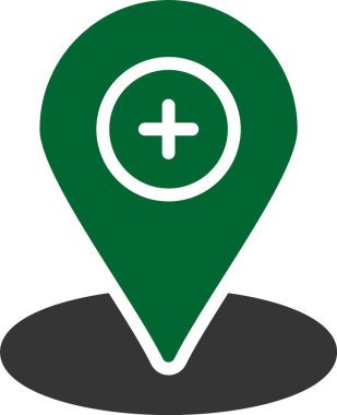 Harita işaretleyici simgesi. Kabartma şekli yuvarlak açılı düz ikonik sembol, yeşil renk, gri arkaplan.