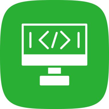 Beyaz arkaplanda bir kodlama simgesi olan bilgisayar monitörü