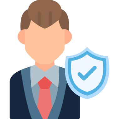 İşaret simgesine sahip iş adamı. Web için kalkan vektör simgesi olan adamın düz çizimi