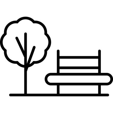 Ağaçlı ve yapraklı park bankı çizgi vektör illüstrasyonuName