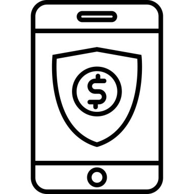 Dolar işaretli cep telefonu, mobil uygulama simgesi, akıllı telefon ve kalkan