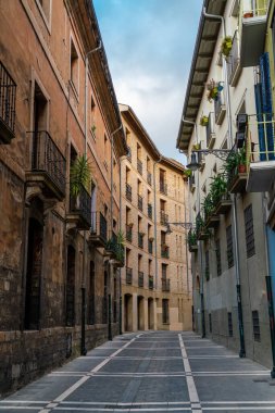 Pamplona, Navarra, İspanya. Pamplona şehrinin güzel sokakları. Çok güzel renkli binalar, farklı renklerde çiçekler, balkonlardan sarkan. Boş sokak, insan yok.