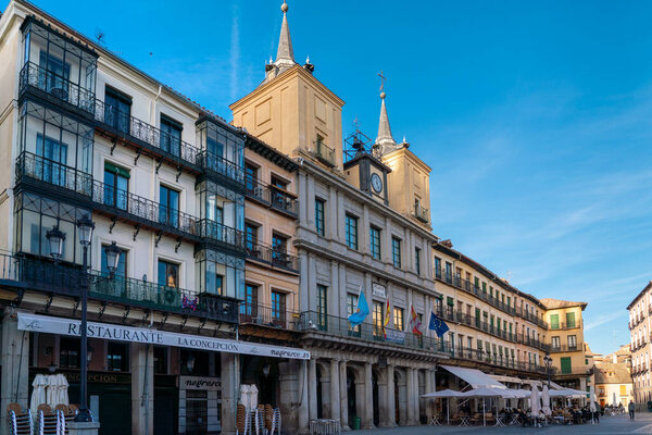 SEGOVIA, Spain - November 13 2022:  Town Hall building in the Plaza Mayor square , in old town center of Segovia. The town hall was built in the 17th century. Travel destination in Castilla Leon 