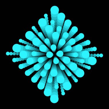 Küresel organik eğri içinde 3D sürrealite heykel ile üç boyutlu soyutlama, siyah arkaplan üzerinde turkuaz mat renginden oluşan daireler