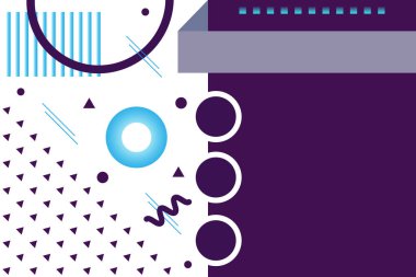 Memphis tarzında geometrik elementlerle soyut bir arkaplan. Mesajınız için arka planda yer alın. Vektör illüstrasyonu.