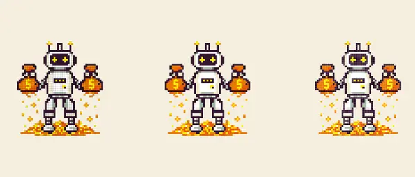 pixel icon with a robot holding gold in his hands, he stands on gold on a white background.