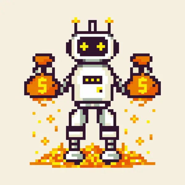 pixel icon with a robot holding gold in his hands, he stands on gold on a white background.