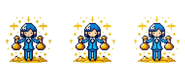 Pixel icon with an office worker in a blue suit holding gold in his hands, he stands on gold on a white background.