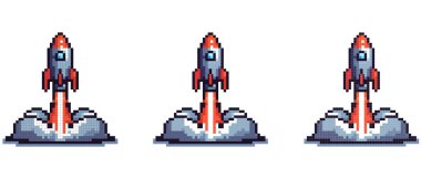 Dinamik turuncu alevlerle dolu bir roketin pikselli sanat çizimi ve açık bir arkaplanda dalgalanan duman.