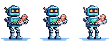 Bebeği tutan ilgili bir robotun, gelecekteki çocuk bakımını ve teknolojinin şefkatli tarafını sembolize eden pikselli bir çizimi..