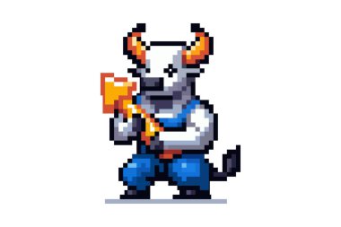 A pixelated bull with horns and a tail in a blue jumpsuit stands in a fighting stance, holding a golden arrow in his hands. Graph up. clipart