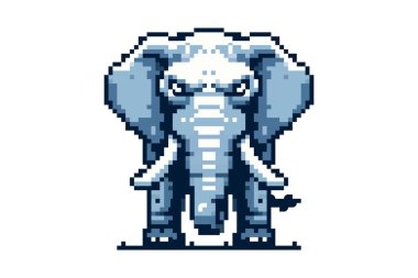 Pixel art depiction of a blue and white elephant facing forward with large ears and tusks. clipart