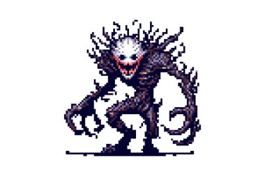 A menacing pixel art creature with a white, grinning face, surrounded by dark, spiky protrusions stands ready. clipart