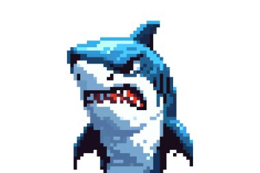 Pixel art of an angry shark with open mouth and sharp teeth, showing fierceness in a digital format. clipart