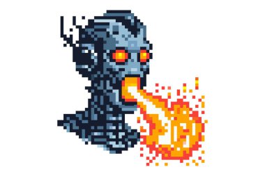 A pixel art image of a robotic head with glowing red eyes breathing fire from its mouth creating a dynamic and intense scene clipart