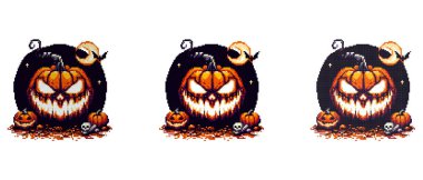 A menacing jack-o'-lantern with glowing eyes and mouth surrounded by smaller pumpkins a skull and a crescent moon under night sky clipart