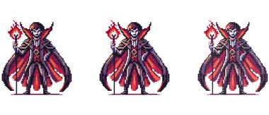 Piksel sanat tasviri, Kont Drakula 'nın koyu renk bir pelerinle elinde alevli bir küreyle beyaz bir arkaplana karşı durduğunu gösteriyor.