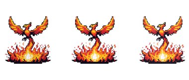 Piksel Sanat Anka kuşu canlı turuncu ve sarı renklerle alevlerden yükseliyor. Yeniden doğuşu ve gücü simgeliyor.