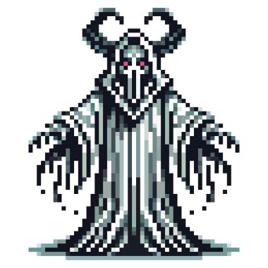 Pikselin karanlık figürü, kırmızı parlayan gözleri, kıvrık boynuzları, yırtık pırtık bir bornoz giymiş elleri, ürkütücü bir retro titreşim uyandırıyor.