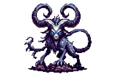 Büyük kıvrımlı boynuzları, parlak mavi gözleri ve keskin dişleri olan hırıldayan bir ağzı olan, kayalık bir yüzeyde duran pikselli bir sanat yaratığı.