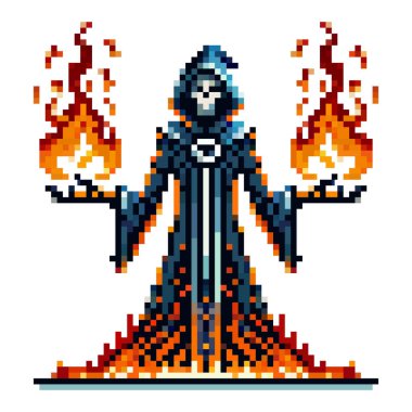 Siyah cüppeli, mavi ve turuncu aksanlı, beyaz arka planda ateş büyüsü yapan bir pikselli sanat sihirbazı.