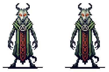 Piksel bir sanat yaratığı. Parlak kırmızı gözlü, boynuzlu, koyu fantezi ve gizemi çağrıştıran bir cübbe. Beyaz arka planda izole edilmiş.