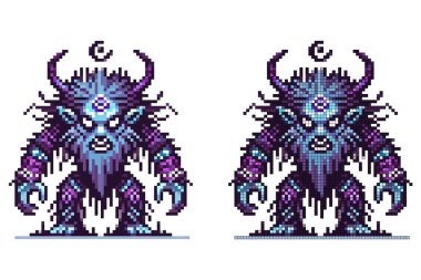 Güçlü bir yaratık uzun boylu, belirgin boynuzları ve alnında parlayan sembollerle ayakta duruyor. Canlı piksel sanatı karmaşık detaylar içeriyor, renklerin bir karışımını sergiliyor, mistik havasını vurguluyor.