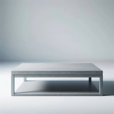 Betondan yapılmış parlak dikdörtgen bir kahve masası pürüzsüz bir yüzeyde duruyor. Yumuşak ışık masayı aydınlatır. Kapalı bir ortamda rahatlatıcı ve modern bir ortam yaratır..