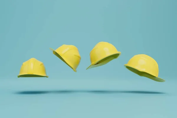 Защитные Строительные Шлемы Желтого Цвета Летящие Бирюзовом Фоне Рендеринг — стоковое фото