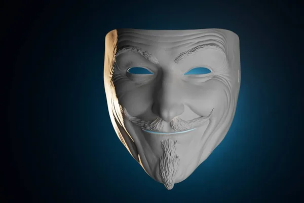a white vendetta mask illuminated with neon light on a black background. 3D render.