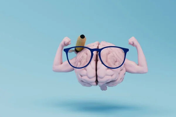 スポーツスクールでのトレーニングの概念です 鉛筆で眼鏡をかけ筋肉で手を動かす脳です 3Dレンダリング — ストック写真