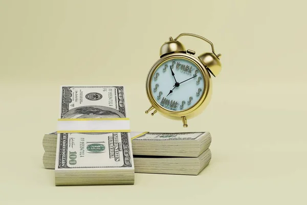 payment for the time worked. alarm clock on bundles of dollar bills. 3D render.