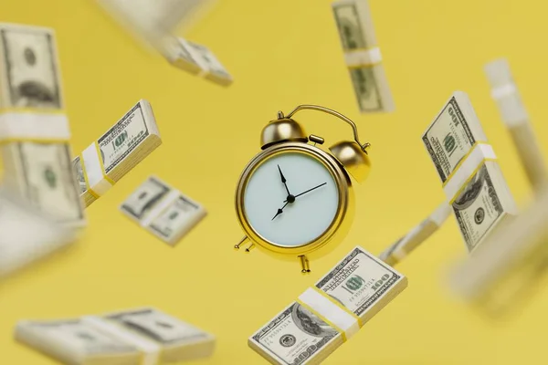 time for a good job. alarm clock and wads of dollars flying across the yellow background. 3D render.