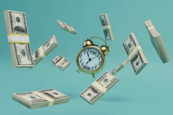 time for a good job. alarm clock and wads of dollars flying across the turquoise background. 3D render.