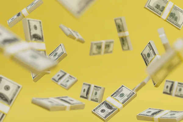 Sarı arka planda uçuşan bir tomar dolardan oluşan soyut bir arka plan. 3 Boyutlu Hazırlama.
