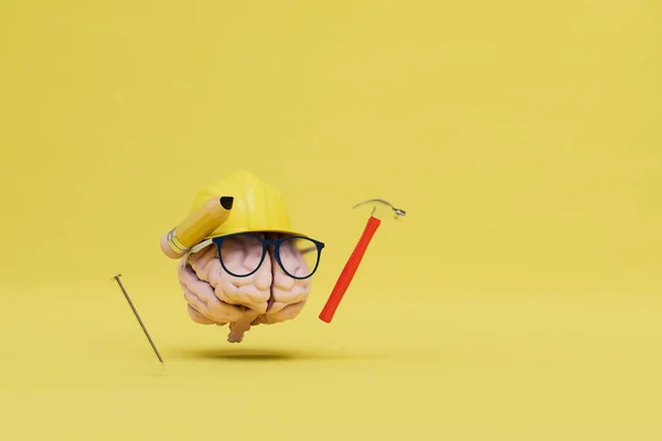 Kleinere Bauarbeiten Ein Gehirn Einem Bauhelm Mit Bleistift Und Hammer — Stockfoto