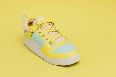 Sarı eklemli ve sarı arka planda bağcıkları olan beyaz spor ayakkabısı. 3 Boyutlu Hazırlama.