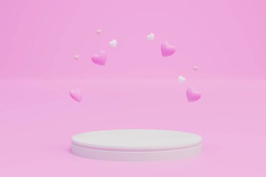 Ürünleri yerleştirmek için yuvarlak beyaz bir podyum ya da uçan kalpleri olan pembe bir arka plan üzerine yazı. kopyala yapıştır. 3 Boyutlu Hazırlama.
