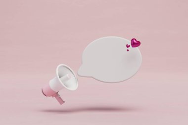 Aşk ilanı konsepti. Bir mesaj bulutu ve kalplerin uçtuğu bir hoparlör. 3 Boyutlu Hazırlama.