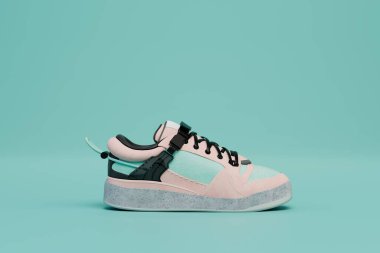 Ayakkabı reklamının kopyası. Turkuaz arka planda modaya uygun beyaz bir spor ayakkabı. 3 Boyutlu Hazırlama.