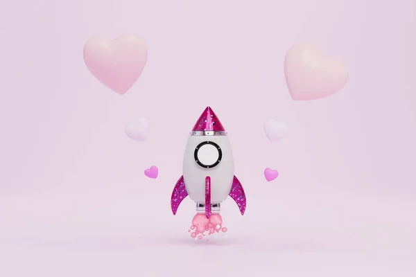 Concepto Amor Rápido Cohete Corazones Rosados Sobre Fondo Pastel Renderizado — Foto de Stock