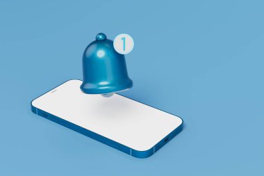 Akıllı telefondan yeni uyarı. Akıllı telefon ve zil. Mavi arka planda 1 numara. 3 Boyutlu Hazırlama.