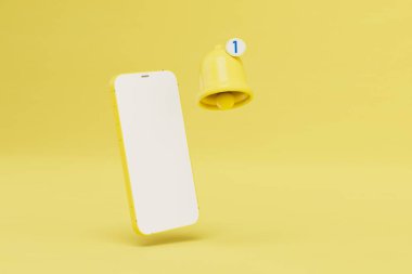 Bir yeni alarm. Sarı arka planda 1 numaralı akıllı telefon ve zil. kopyala yapıştır. 3 Boyutlu Hazırlama.