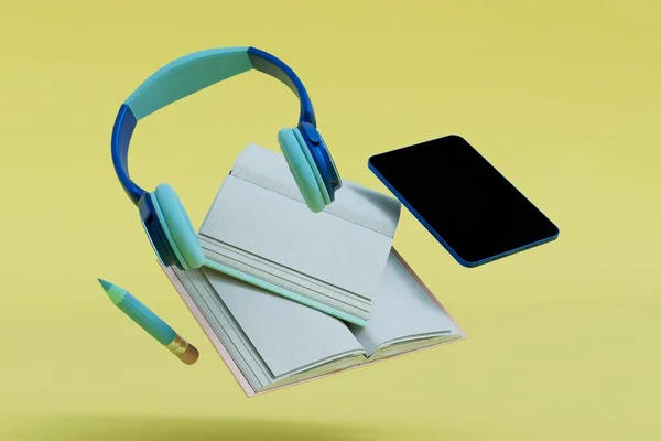 距離学習の概念です 黄色い背景の本 タブレット ヘッドフォンです 3Dレンダリング — ストック写真